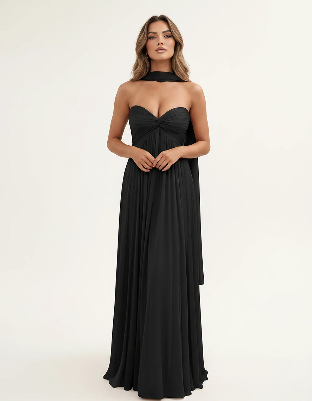 Chiffon Strapless Sweetheart Choker Draped Straight Maxi Dress for Party, Cocktail, Evening, Wedding Guest, Formal Events & S | SKU: CHD-739184620583917-BLACK-L,CHD-739184620583917-BLACK-M,CHD-739184620583917-BLACK-S,CHD-739184620583917-BLACK-XL,CHD-739184620583917-BLACK-XS