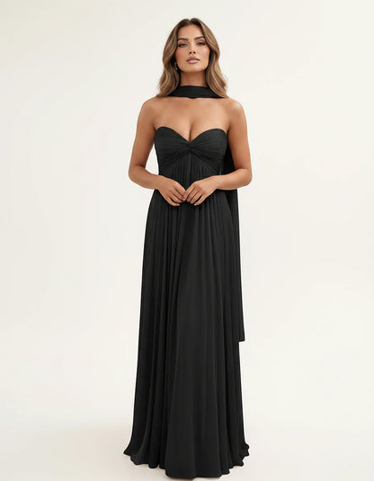 Chiffon Strapless Sweetheart Choker Draped Straight Maxi Dress for Party, Cocktail, Evening, Wedding Guest, Formal Events & S | SKU: CHD-739184620583917-BLACK-L,CHD-739184620583917-BLACK-M,CHD-739184620583917-BLACK-S,CHD-739184620583917-BLACK-XL,CHD-739184620583917-BLACK-XS