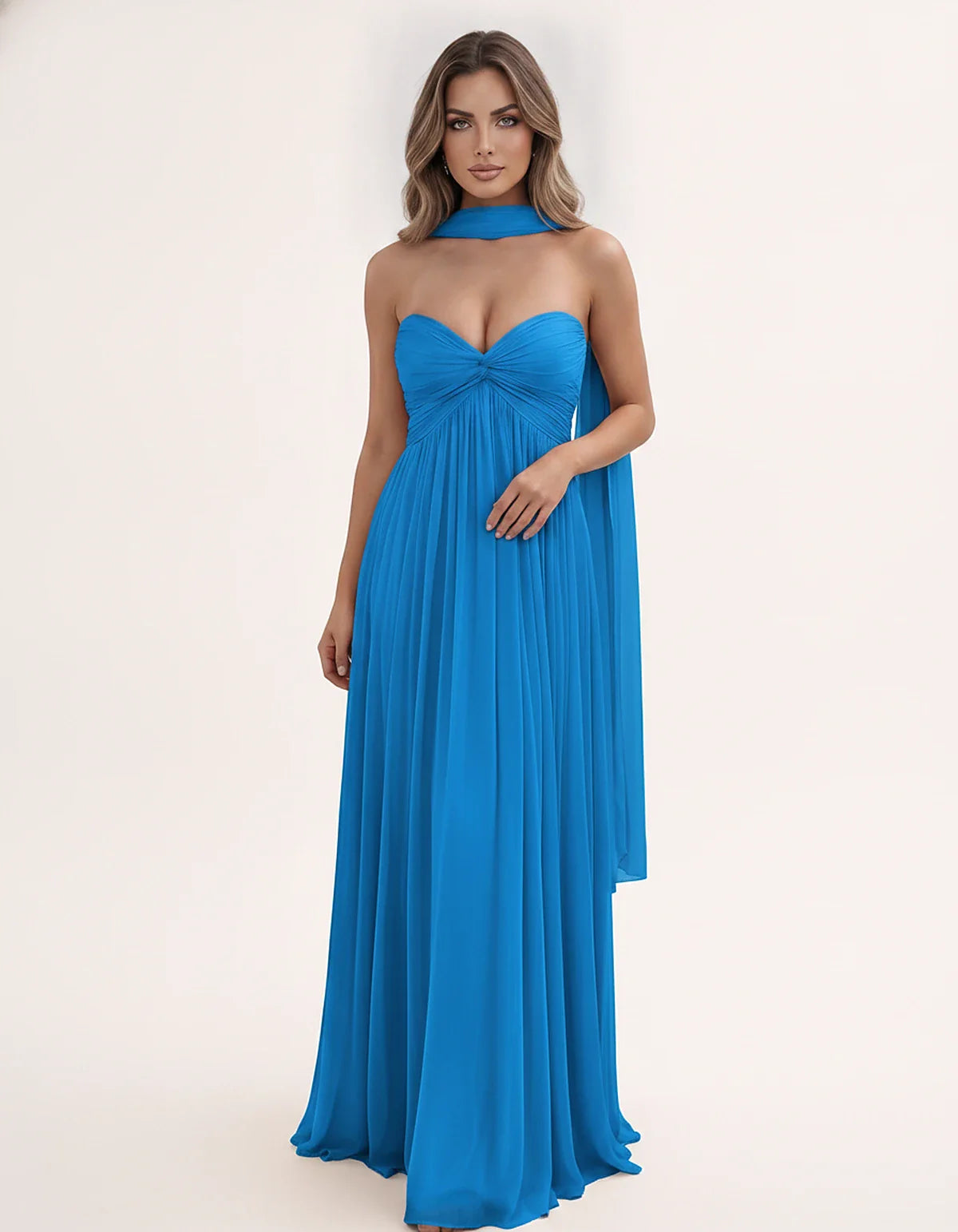 Chiffon Strapless Sweetheart Choker Draped Straight Maxi Dress for Party, Cocktail, Evening, Wedding Guest, Formal Events & S | SKU: CHD-739184620583917-BLUE-L,CHD-739184620583917-BLUE-M,CHD-739184620583917-BLUE-S,CHD-739184620583917-BLUE-XL,CHD-739184620583917-BLUE-XS