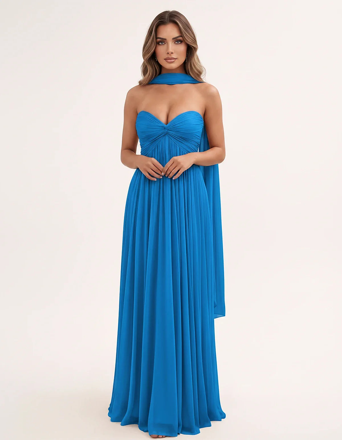 Chiffon Strapless Sweetheart Choker Draped Straight Maxi Dress for Party, Cocktail, Evening, Wedding Guest, Formal Events & S | SKU: CHD-739184620583917-BLUE-L,CHD-739184620583917-BLUE-M,CHD-739184620583917-BLUE-S,CHD-739184620583917-BLUE-XL,CHD-739184620583917-BLUE-XS