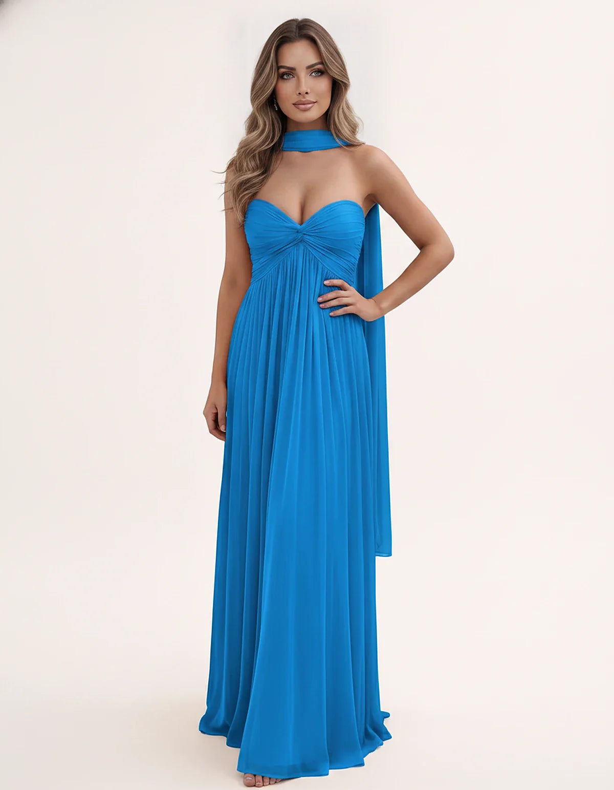 Chiffon Strapless Sweetheart Choker Draped Straight Maxi Dress for Party, Cocktail, Evening, Wedding Guest, Formal Events & S | SKU: CHD-739184620583917-BLUE-L,CHD-739184620583917-BLUE-M,CHD-739184620583917-BLUE-S,CHD-739184620583917-BLUE-XL,CHD-739184620583917-BLUE-XS