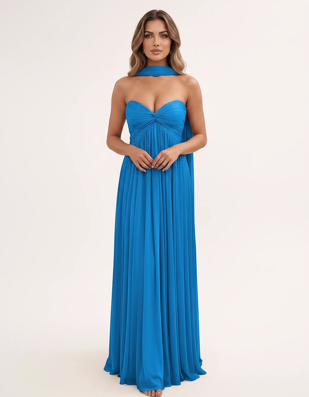 Chiffon Strapless Sweetheart Choker Draped Straight Maxi Dress for Party, Cocktail, Evening, Wedding Guest, Formal Events & S | SKU: CHD-739184620583917-BLUE-L,CHD-739184620583917-BLUE-M,CHD-739184620583917-BLUE-S,CHD-739184620583917-BLUE-XL,CHD-739184620583917-BLUE-XS