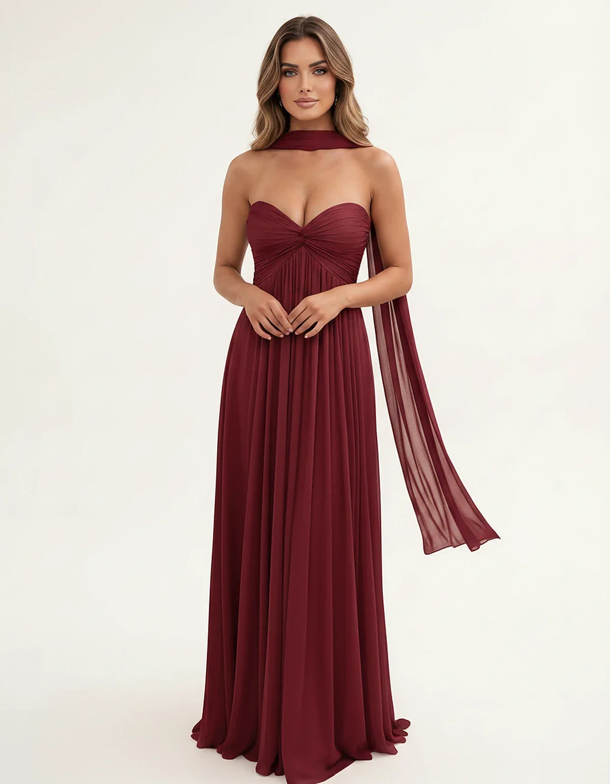 Chiffon Strapless Sweetheart Choker Draped Straight Maxi Dress for Party, Cocktail, Evening, Wedding Guest, Formal Events & S | SKU: CHD-739184620583917-BURGUNDY-L,CHD-739184620583917-BURGUNDY-M,CHD-739184620583917-BURGUNDY-S,CHD-739184620583917-BURGUNDY-XL,CHD-739184620583917-BURGUNDY-XS