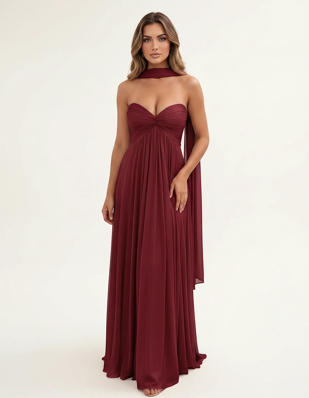 Chiffon Strapless Sweetheart Choker Draped Straight Maxi Dress for Party, Cocktail, Evening, Wedding Guest, Formal Events & S | SKU: CHD-739184620583917-BURGUNDY-L,CHD-739184620583917-BURGUNDY-M,CHD-739184620583917-BURGUNDY-S,CHD-739184620583917-BURGUNDY-XL,CHD-739184620583917-BURGUNDY-XS