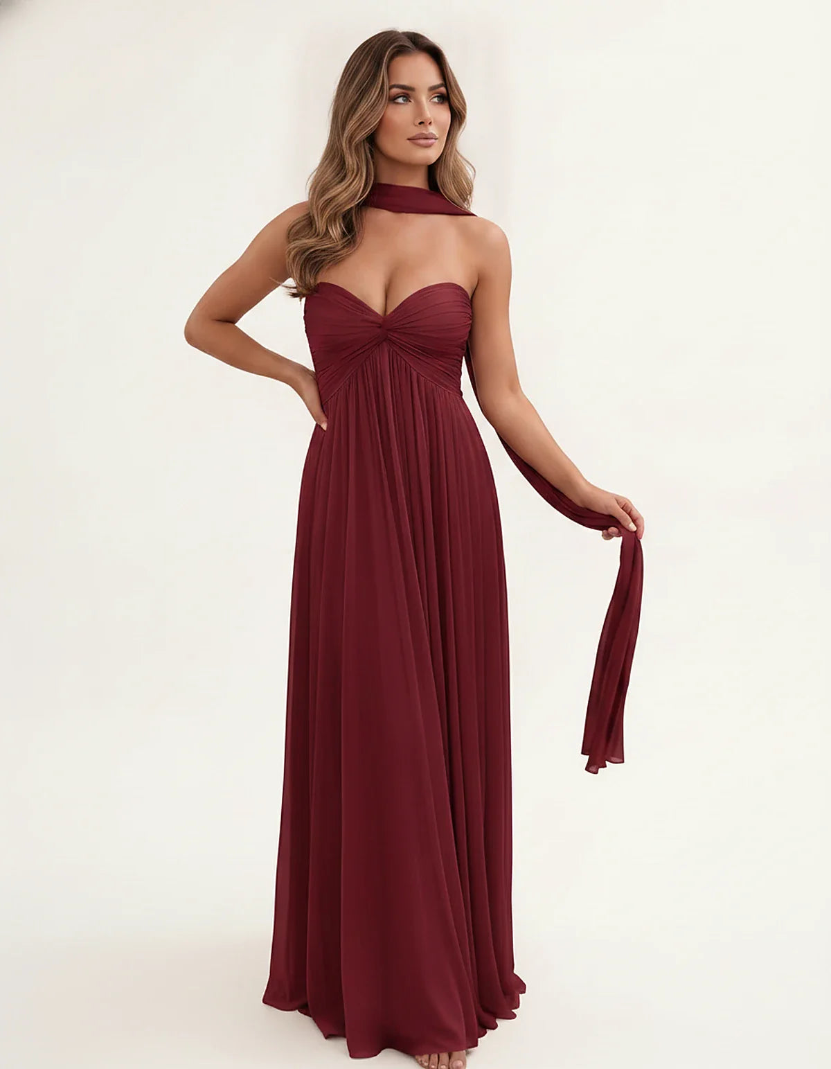 Chiffon Strapless Sweetheart Choker Draped Straight Maxi Dress for Party, Cocktail, Evening, Wedding Guest, Formal Events & S | SKU: CHD-739184620583917-BURGUNDY-L,CHD-739184620583917-BURGUNDY-M,CHD-739184620583917-BURGUNDY-S,CHD-739184620583917-BURGUNDY-XL,CHD-739184620583917-BURGUNDY-XS