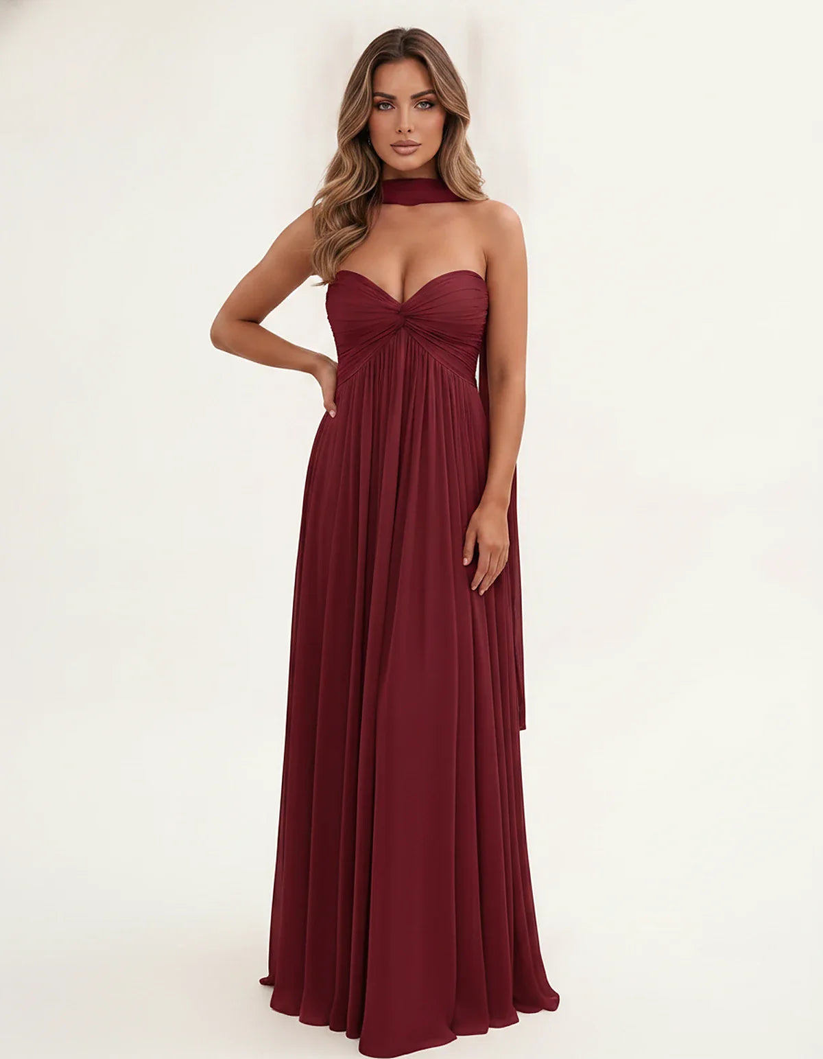 Chiffon Strapless Sweetheart Choker Draped Straight Maxi Dress for Party, Cocktail, Evening, Wedding Guest, Formal Events & S | SKU: CHD-739184620583917-BURGUNDY-L,CHD-739184620583917-BURGUNDY-M,CHD-739184620583917-BURGUNDY-S,CHD-739184620583917-BURGUNDY-XL,CHD-739184620583917-BURGUNDY-XS