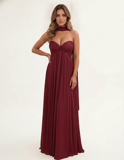 Chiffon Strapless Sweetheart Choker Draped Straight Maxi Dress for Party, Cocktail, Evening, Wedding Guest, Formal Events & S | SKU: CHD-739184620583917-BURGUNDY-L,CHD-739184620583917-BURGUNDY-M,CHD-739184620583917-BURGUNDY-S,CHD-739184620583917-BURGUNDY-XL,CHD-739184620583917-BURGUNDY-XS