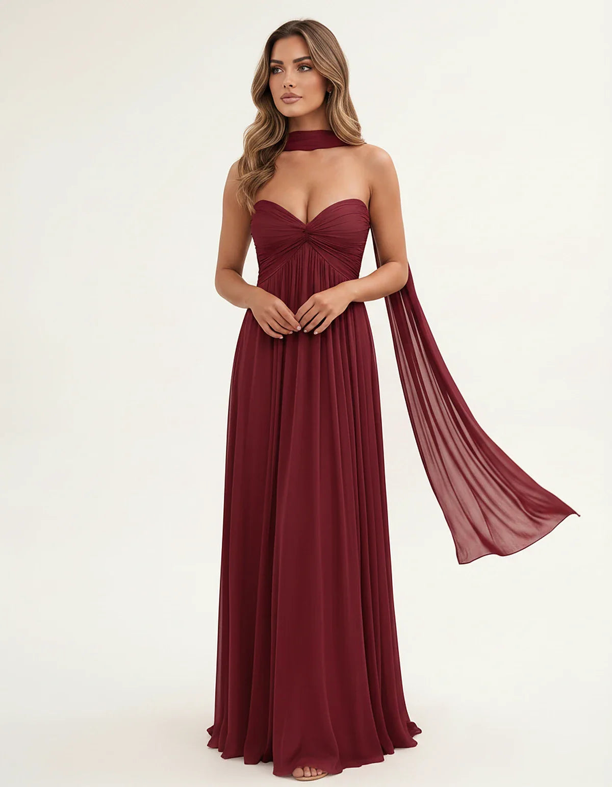 Chiffon Strapless Sweetheart Choker Draped Straight Maxi Dress for Party, Cocktail, Evening, Wedding Guest, Formal Events & S | SKU: CHD-739184620583917-BURGUNDY-L,CHD-739184620583917-BURGUNDY-M,CHD-739184620583917-BURGUNDY-S,CHD-739184620583917-BURGUNDY-XL,CHD-739184620583917-BURGUNDY-XS