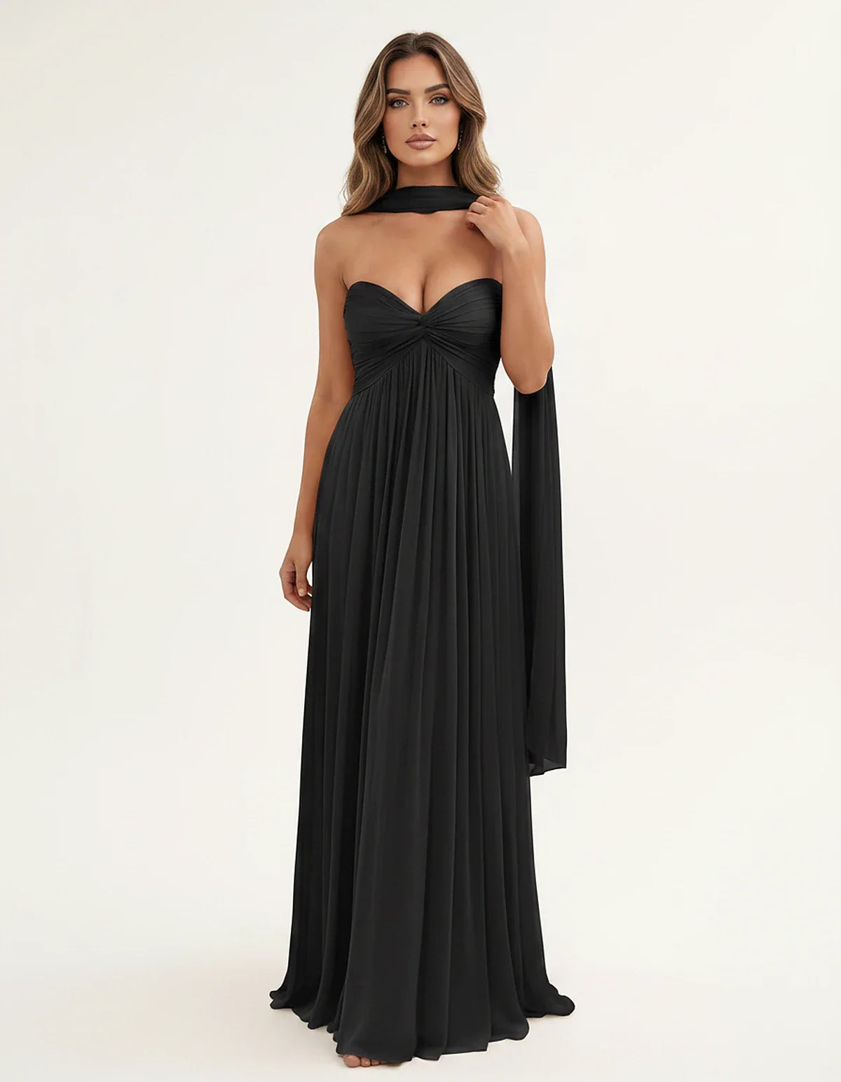 Chiffon Strapless Sweetheart Choker Draped Straight Maxi Dress for Party, Cocktail, Evening, Wedding Guest, Formal Events & S | SKU: CHD-739184620583917-BLACK-L,CHD-739184620583917-BLACK-M,CHD-739184620583917-BLACK-S,CHD-739184620583917-BLACK-XL,CHD-739184620583917-BLACK-XS
