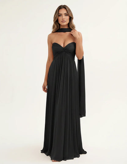 Chiffon Strapless Sweetheart Choker Draped Straight Maxi Dress for Party, Cocktail, Evening, Wedding Guest, Formal Events & S | SKU: CHD-739184620583917-BLACK-L,CHD-739184620583917-BLACK-M,CHD-739184620583917-BLACK-S,CHD-739184620583917-BLACK-XL,CHD-739184620583917-BLACK-XS