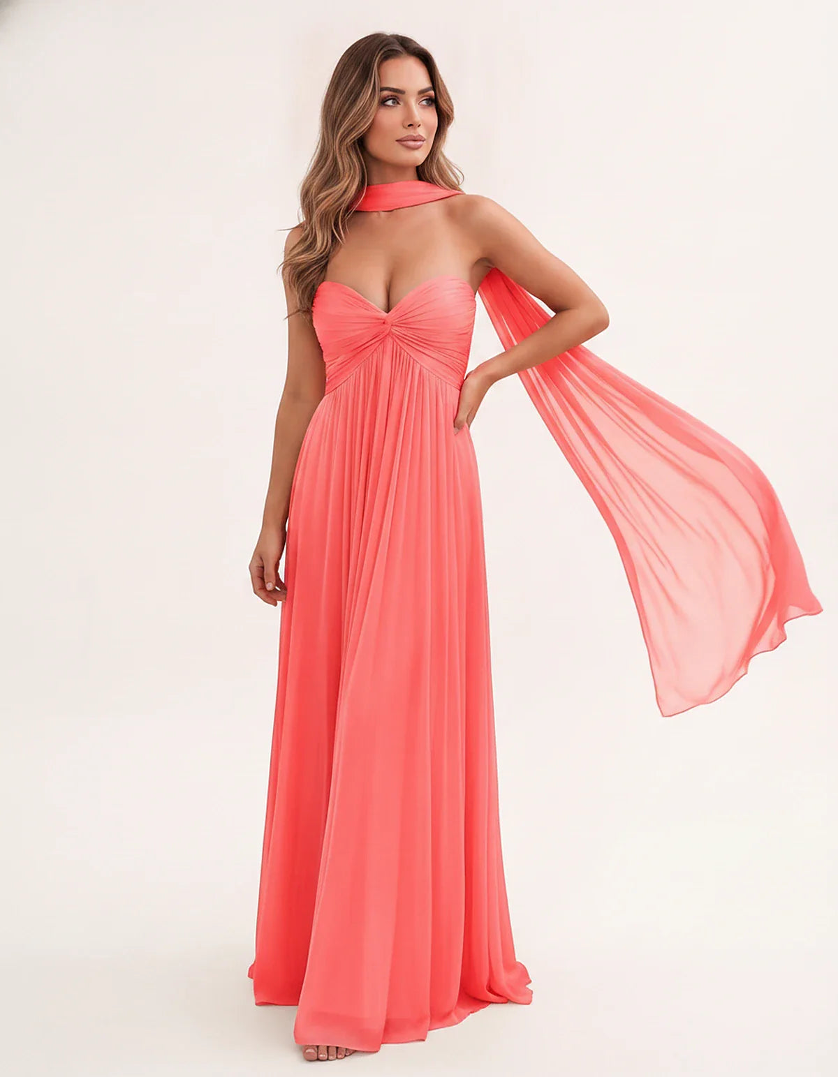 Chiffon Strapless Sweetheart Choker Draped Straight Maxi Dress for Party, Cocktail, Evening, Wedding Guest, Formal Events & S | SKU: CHD-739184620583917-CORAL-L,CHD-739184620583917-CORAL-M,CHD-739184620583917-CORAL-S,CHD-739184620583917-CORAL-XL,CHD-739184620583917-CORAL-XS