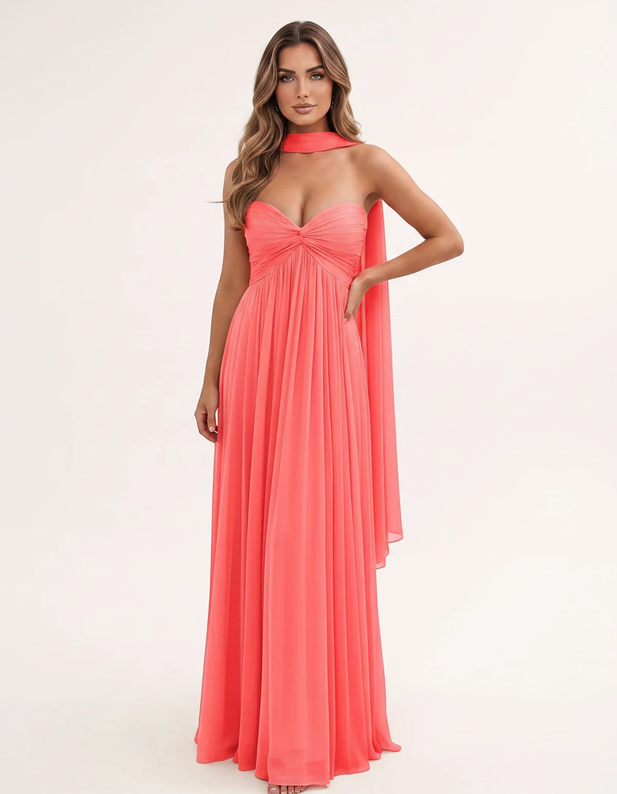 Chiffon Strapless Sweetheart Choker Draped Straight Maxi Dress for Party, Cocktail, Evening, Wedding Guest, Formal Events & S | SKU: CHD-739184620583917-CORAL-L,CHD-739184620583917-CORAL-M,CHD-739184620583917-CORAL-S,CHD-739184620583917-CORAL-XL,CHD-739184620583917-CORAL-XS
