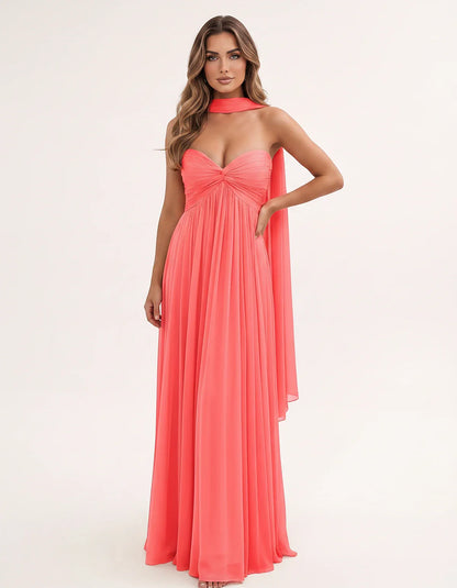 Chiffon Strapless Sweetheart Choker Draped Straight Maxi Dress for Party, Cocktail, Evening, Wedding Guest, Formal Events & S | SKU: CHD-739184620583917-CORAL-L,CHD-739184620583917-CORAL-M,CHD-739184620583917-CORAL-S,CHD-739184620583917-CORAL-XL,CHD-739184620583917-CORAL-XS
