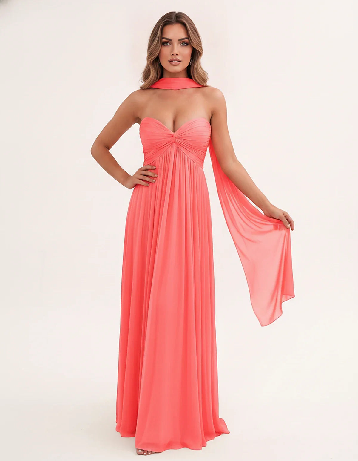 Chiffon Strapless Sweetheart Choker Draped Straight Maxi Dress for Party, Cocktail, Evening, Wedding Guest, Formal Events & S | SKU: CHD-739184620583917-CORAL-L,CHD-739184620583917-CORAL-M,CHD-739184620583917-CORAL-S,CHD-739184620583917-CORAL-XL,CHD-739184620583917-CORAL-XS