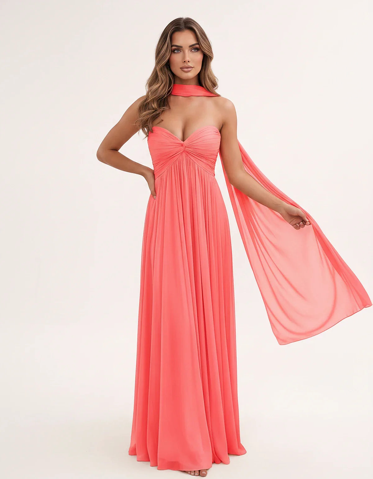 Chiffon Strapless Sweetheart Choker Draped Straight Maxi Dress for Party, Cocktail, Evening, Wedding Guest, Formal Events & S | SKU: CHD-739184620583917-CORAL-L,CHD-739184620583917-CORAL-M,CHD-739184620583917-CORAL-S,CHD-739184620583917-CORAL-XL,CHD-739184620583917-CORAL-XS