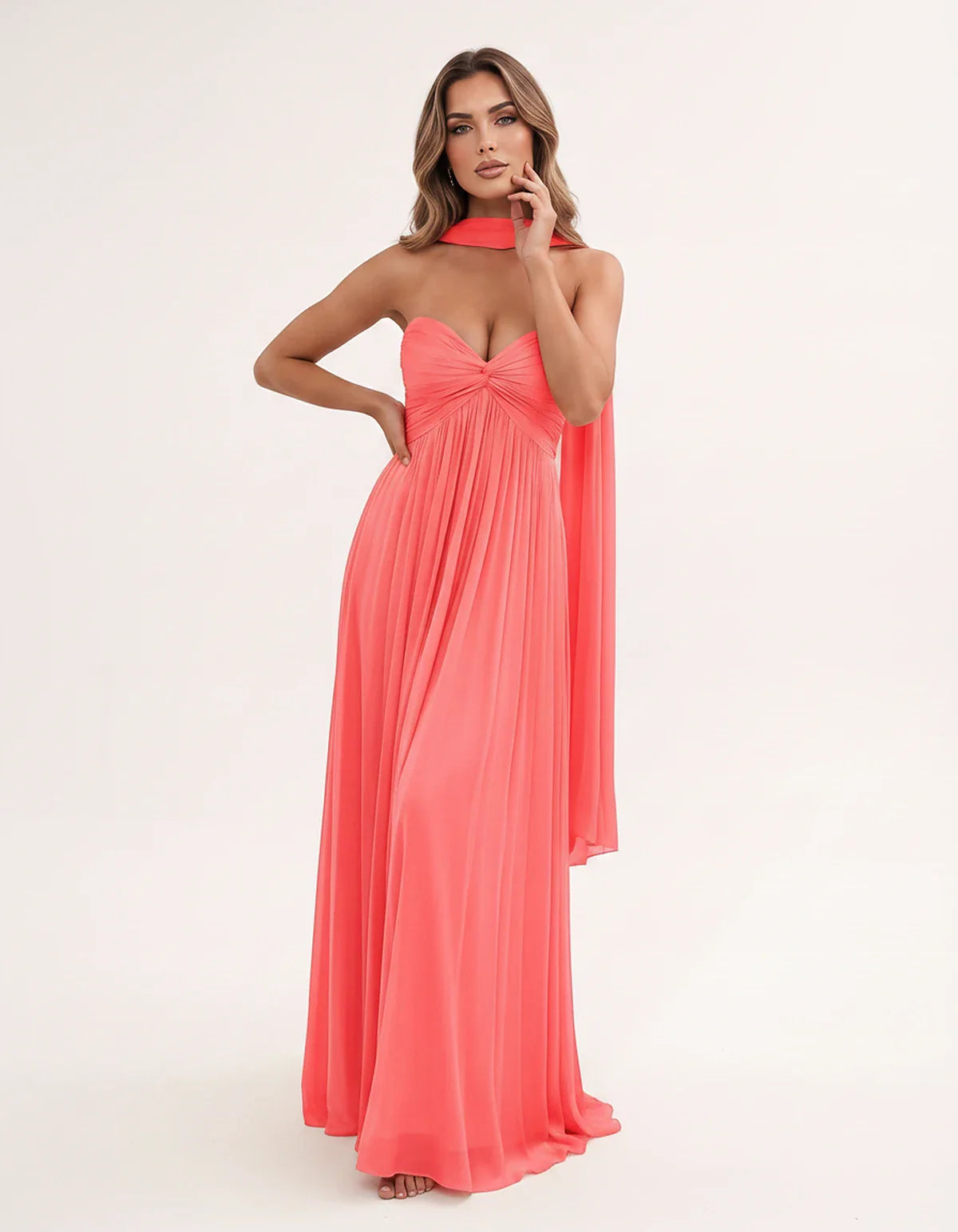 Chiffon Strapless Sweetheart Choker Draped Straight Maxi Dress for Party, Cocktail, Evening, Wedding Guest, Formal Events & S | SKU: CHD-739184620583917-CORAL-L,CHD-739184620583917-CORAL-M,CHD-739184620583917-CORAL-S,CHD-739184620583917-CORAL-XL,CHD-739184620583917-CORAL-XS