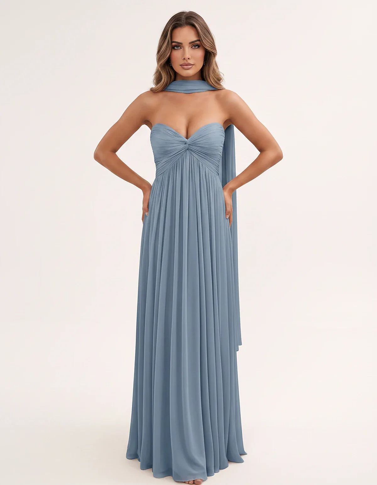Chiffon Strapless Sweetheart Choker Draped Straight Maxi Dress for Party, Cocktail, Evening, Wedding Guest, Formal Events & S | SKU: CHD-739184620583917-DUSTYBLUE-L,CHD-739184620583917-DUSTYBLUE-M,CHD-739184620583917-DUSTYBLUE-S,CHD-739184620583917-DUSTYBLUE-XL,CHD-739184620583917-DUSTYBLUE-XS