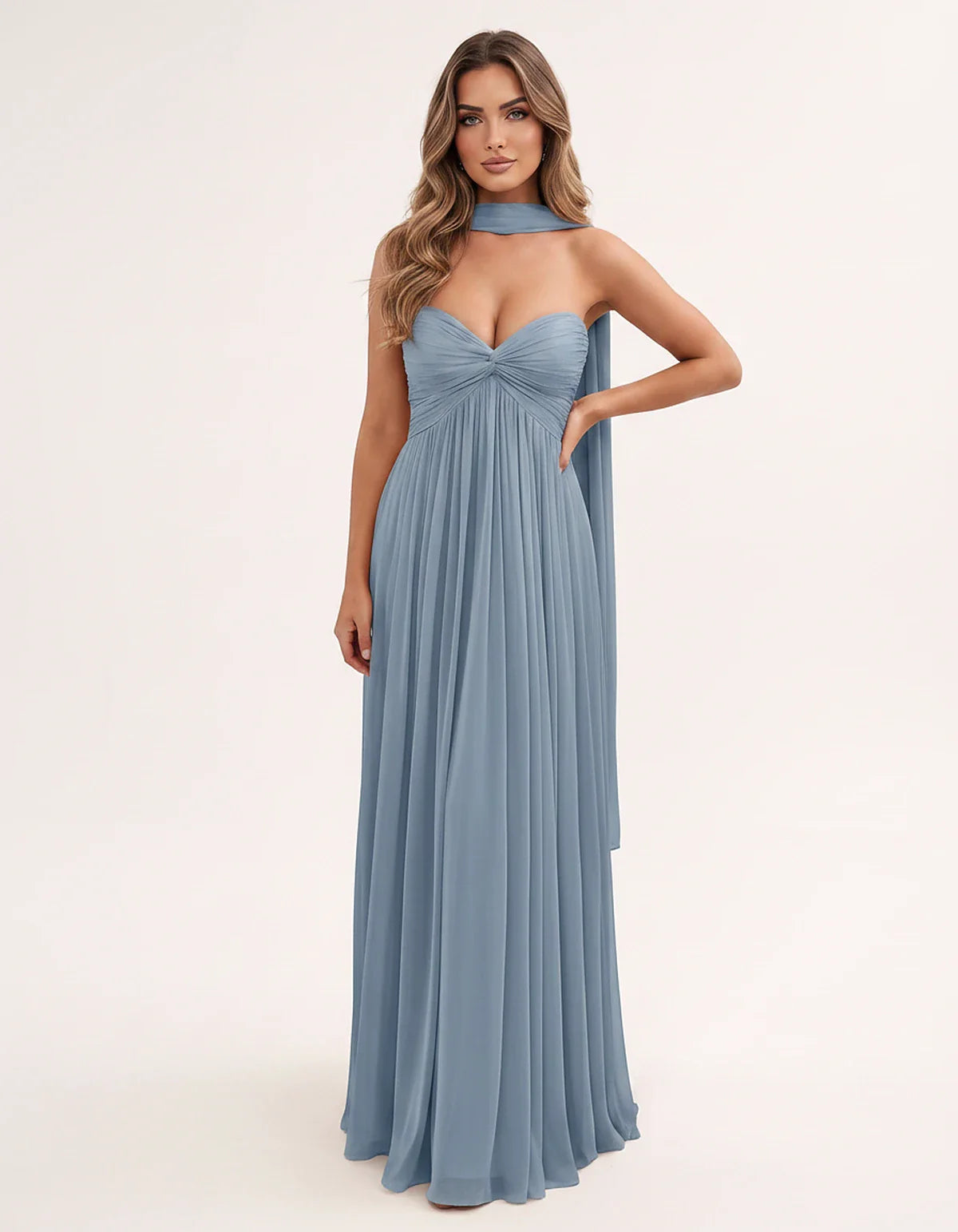 Chiffon Strapless Sweetheart Choker Draped Straight Maxi Dress for Party, Cocktail, Evening, Wedding Guest, Formal Events & S | SKU: CHD-739184620583917-DUSTYBLUE-L,CHD-739184620583917-DUSTYBLUE-M,CHD-739184620583917-DUSTYBLUE-S,CHD-739184620583917-DUSTYBLUE-XL,CHD-739184620583917-DUSTYBLUE-XS