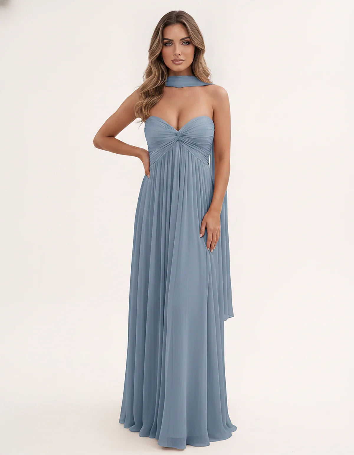Chiffon Strapless Sweetheart Choker Draped Straight Maxi Dress for Party, Cocktail, Evening, Wedding Guest, Formal Events & S | SKU: CHD-739184620583917-DUSTYBLUE-L,CHD-739184620583917-DUSTYBLUE-M,CHD-739184620583917-DUSTYBLUE-S,CHD-739184620583917-DUSTYBLUE-XL,CHD-739184620583917-DUSTYBLUE-XS
