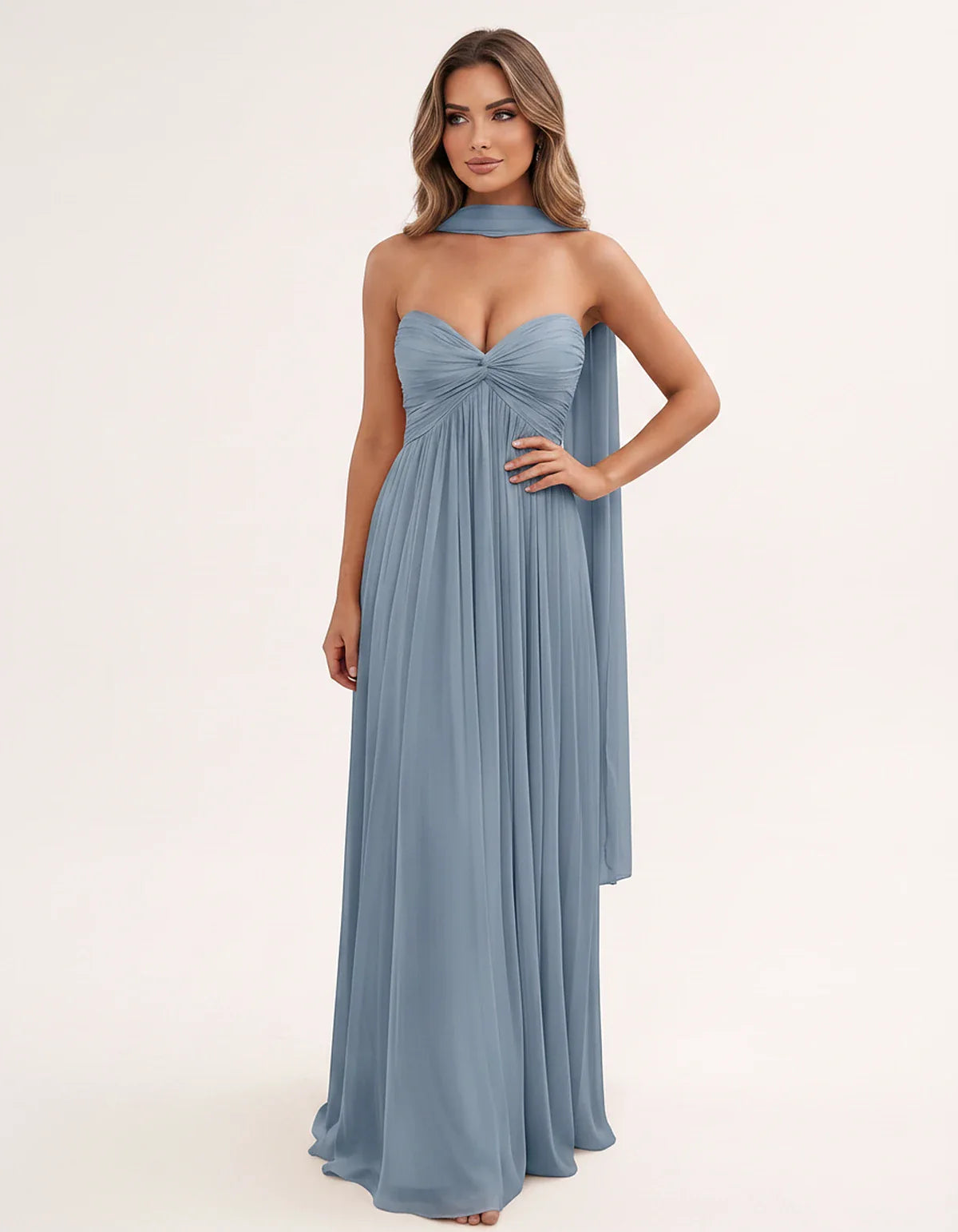 Chiffon Strapless Sweetheart Choker Draped Straight Maxi Dress for Party, Cocktail, Evening, Wedding Guest, Formal Events & S | SKU: CHD-739184620583917-DUSTYBLUE-L,CHD-739184620583917-DUSTYBLUE-M,CHD-739184620583917-DUSTYBLUE-S,CHD-739184620583917-DUSTYBLUE-XL,CHD-739184620583917-DUSTYBLUE-XS