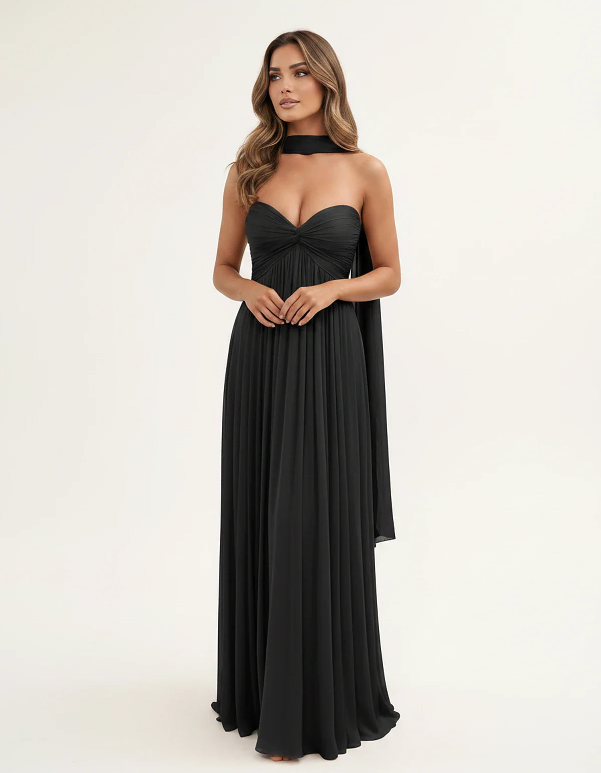 Chiffon Strapless Sweetheart Choker Draped Straight Maxi Dress for Party, Cocktail, Evening, Wedding Guest, Formal Events & S | SKU: CHD-739184620583917-BLACK-L,CHD-739184620583917-BLACK-M,CHD-739184620583917-BLACK-S,CHD-739184620583917-BLACK-XL,CHD-739184620583917-BLACK-XS