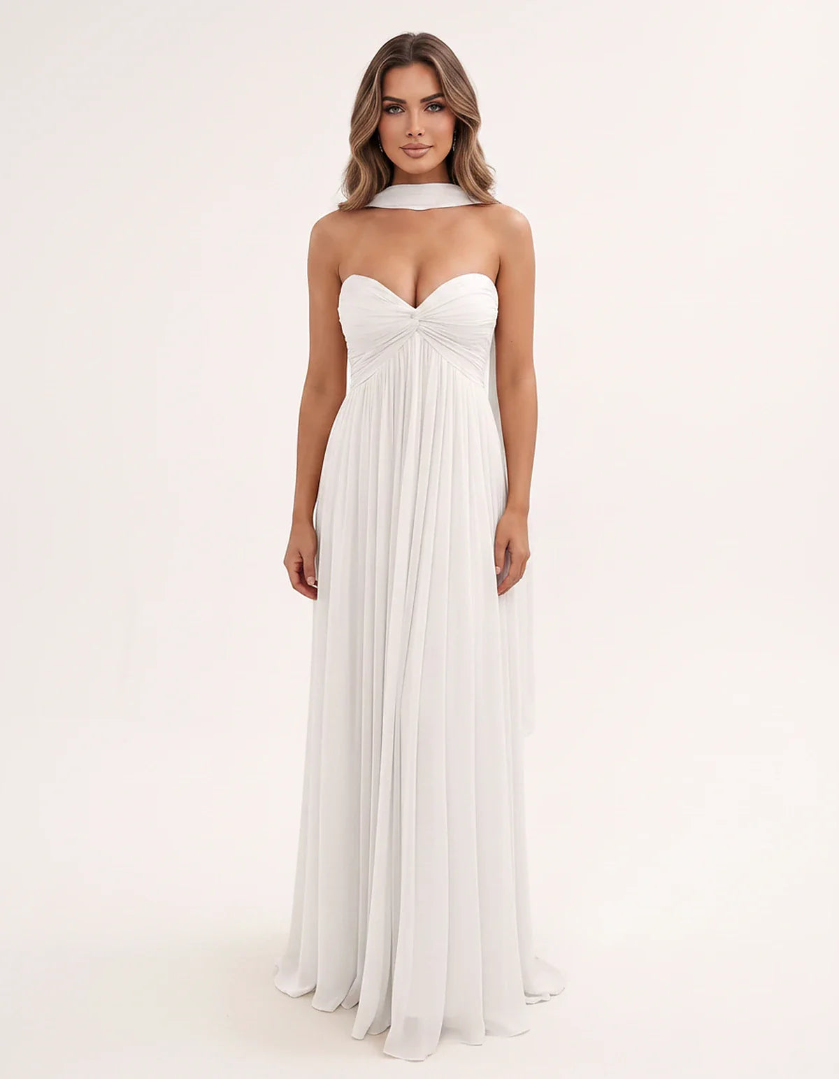 Chiffon Strapless Sweetheart Choker Draped Straight Maxi Dress for Party, Cocktail, Evening, Wedding Guest, Formal Events & S | SKU: CHD-739184620583917-IVORY-L,CHD-739184620583917-IVORY-M,CHD-739184620583917-IVORY-S,CHD-739184620583917-IVORY-XL,CHD-739184620583917-IVORY-XS