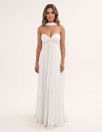 Chiffon Strapless Sweetheart Choker Draped Straight Maxi Dress for Party, Cocktail, Evening, Wedding Guest, Formal Events & S | SKU: CHD-739184620583917-IVORY-L,CHD-739184620583917-IVORY-M,CHD-739184620583917-IVORY-S,CHD-739184620583917-IVORY-XL,CHD-739184620583917-IVORY-XS