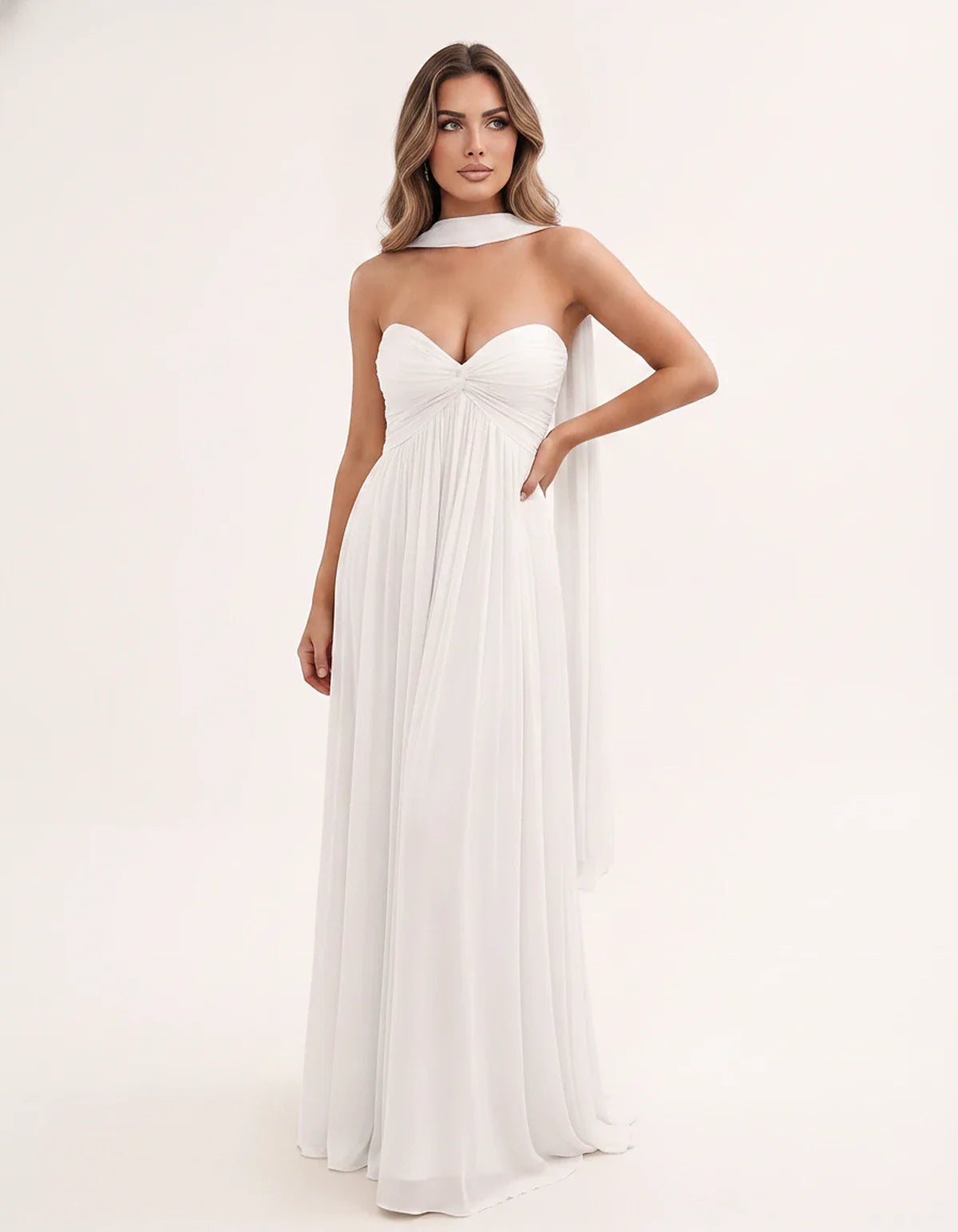 Chiffon Strapless Sweetheart Choker Draped Straight Maxi Dress for Party, Cocktail, Evening, Wedding Guest, Formal Events & S | SKU: CHD-739184620583917-IVORY-L,CHD-739184620583917-IVORY-M,CHD-739184620583917-IVORY-S,CHD-739184620583917-IVORY-XL,CHD-739184620583917-IVORY-XS