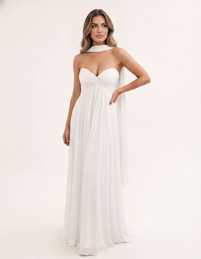 Chiffon Strapless Sweetheart Choker Draped Straight Maxi Dress for Party, Cocktail, Evening, Wedding Guest, Formal Events & S | SKU: CHD-739184620583917-IVORY-L,CHD-739184620583917-IVORY-M,CHD-739184620583917-IVORY-S,CHD-739184620583917-IVORY-XL,CHD-739184620583917-IVORY-XS