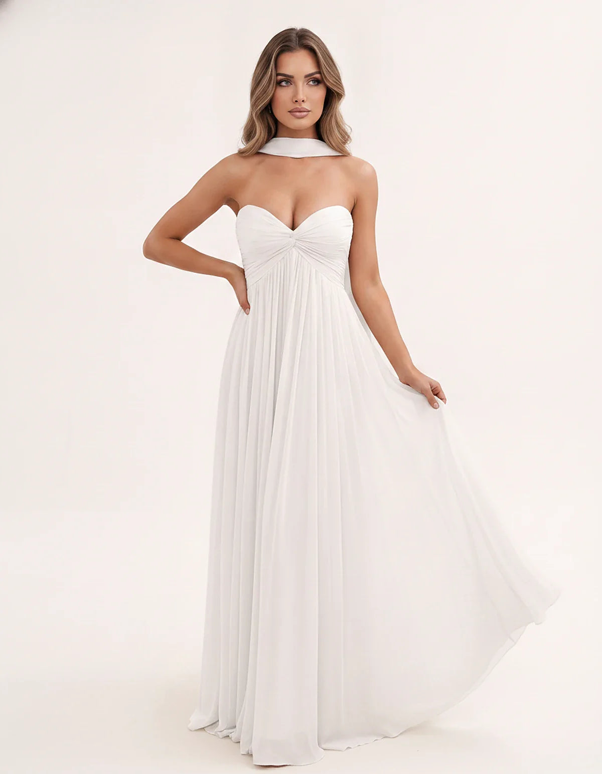 Chiffon Strapless Sweetheart Choker Draped Straight Maxi Dress for Party, Cocktail, Evening, Wedding Guest, Formal Events & S | SKU: CHD-739184620583917-IVORY-L,CHD-739184620583917-IVORY-M,CHD-739184620583917-IVORY-S,CHD-739184620583917-IVORY-XL,CHD-739184620583917-IVORY-XS