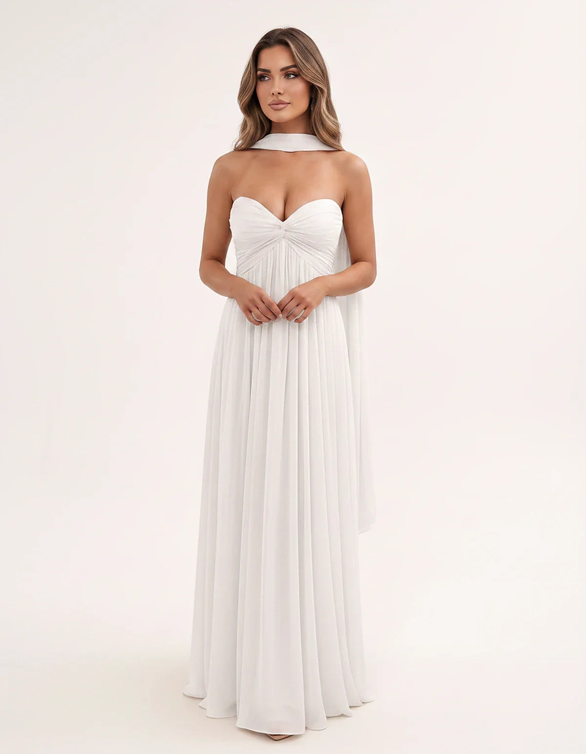 Chiffon Strapless Sweetheart Choker Draped Straight Maxi Dress for Party, Cocktail, Evening, Wedding Guest, Formal Events & S | SKU: CHD-739184620583917-IVORY-L,CHD-739184620583917-IVORY-M,CHD-739184620583917-IVORY-S,CHD-739184620583917-IVORY-XL,CHD-739184620583917-IVORY-XS