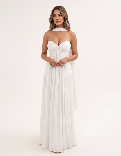 Chiffon Strapless Sweetheart Choker Draped Straight Maxi Dress for Party, Cocktail, Evening, Wedding Guest, Formal Events & S | SKU: CHD-739184620583917-IVORY-L,CHD-739184620583917-IVORY-M,CHD-739184620583917-IVORY-S,CHD-739184620583917-IVORY-XL,CHD-739184620583917-IVORY-XS