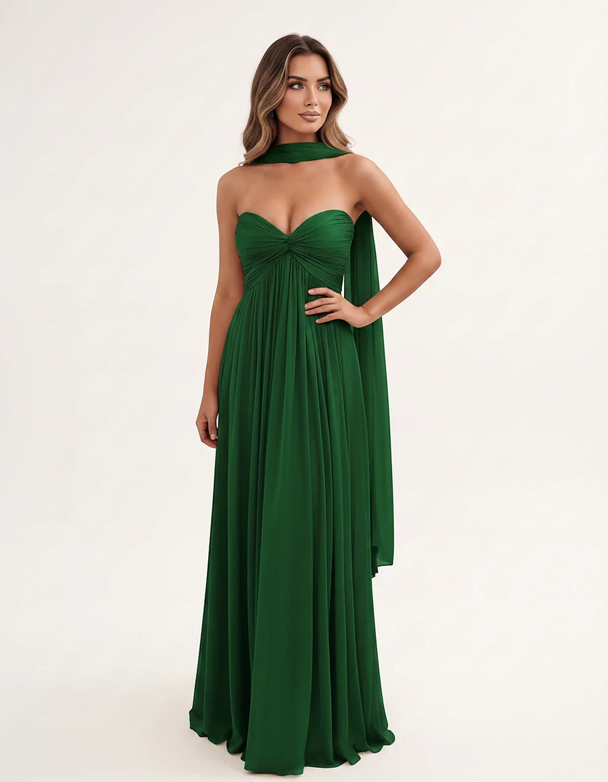 Chiffon Strapless Sweetheart Choker Draped Straight Maxi Dress for Party, Cocktail, Evening, Wedding Guest, Formal Events & S | SKU: CHD-739184620583917-EMERALD-L,CHD-739184620583917-EMERALD-M,CHD-739184620583917-EMERALD-S,CHD-739184620583917-EMERALD-XL,CHD-739184620583917-EMERALD-XS