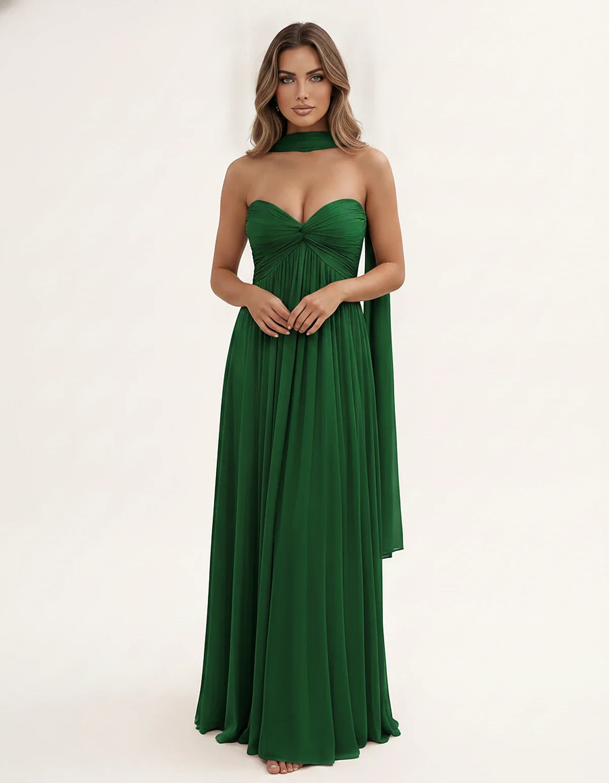 Chiffon Strapless Sweetheart Choker Draped Straight Maxi Dress for Party, Cocktail, Evening, Wedding Guest, Formal Events & S | SKU: CHD-739184620583917-EMERALD-L,CHD-739184620583917-EMERALD-M,CHD-739184620583917-EMERALD-S,CHD-739184620583917-EMERALD-XL,CHD-739184620583917-EMERALD-XS
