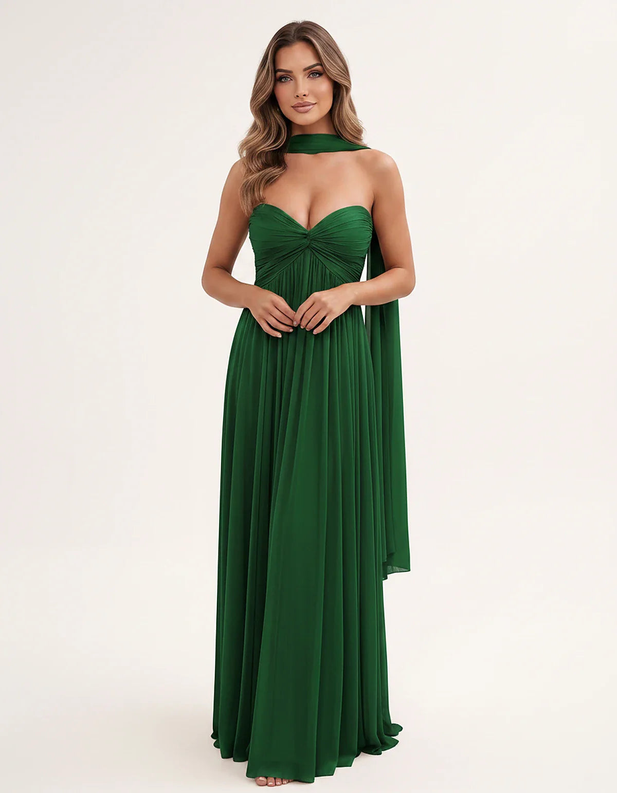 Chiffon Strapless Sweetheart Choker Draped Straight Maxi Dress for Party, Cocktail, Evening, Wedding Guest, Formal Events & S | SKU: CHD-739184620583917-EMERALD-L,CHD-739184620583917-EMERALD-M,CHD-739184620583917-EMERALD-S,CHD-739184620583917-EMERALD-XL,CHD-739184620583917-EMERALD-XS