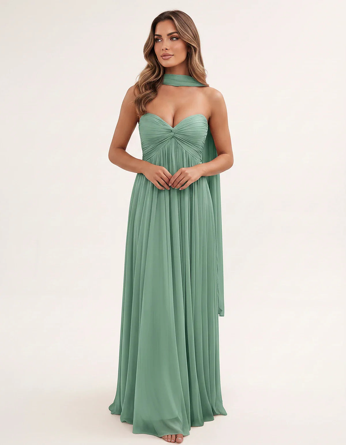 Chiffon Strapless Sweetheart Choker Draped Straight Maxi Dress for Party, Cocktail, Evening, Wedding Guest, Formal Events & S | SKU: CHD-739184620583917-SAGE-L,CHD-739184620583917-SAGE-M,CHD-739184620583917-SAGE-S,CHD-739184620583917-SAGE-XL,CHD-739184620583917-SAGE-XS