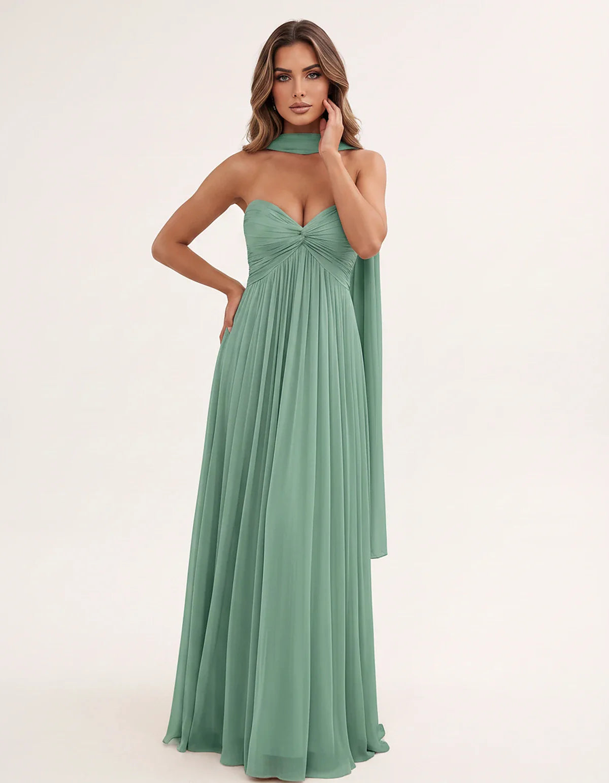 Chiffon Strapless Sweetheart Choker Draped Straight Maxi Dress for Party, Cocktail, Evening, Wedding Guest, Formal Events & S | SKU: CHD-739184620583917-SAGE-L,CHD-739184620583917-SAGE-M,CHD-739184620583917-SAGE-S,CHD-739184620583917-SAGE-XL,CHD-739184620583917-SAGE-XS