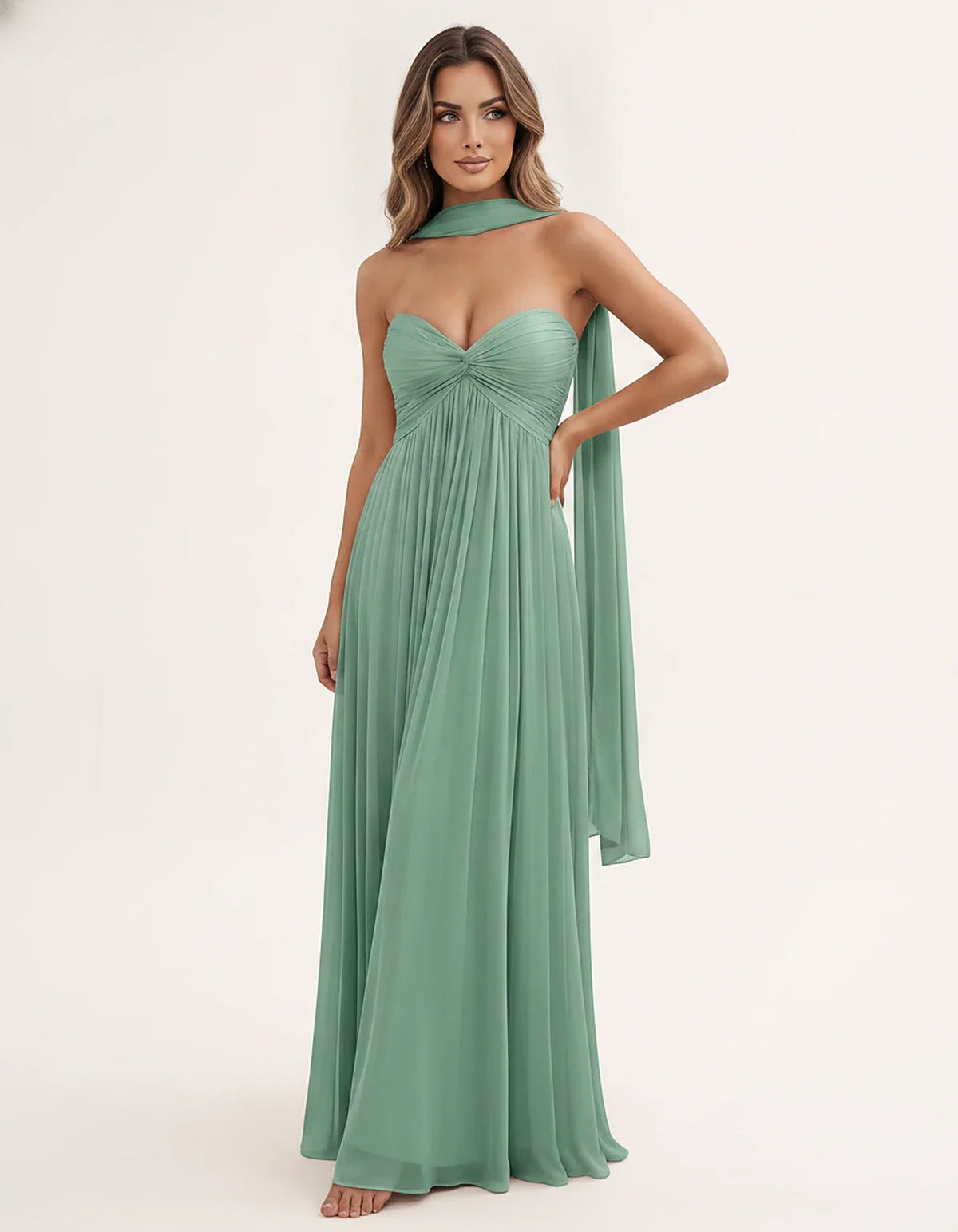 Chiffon Strapless Sweetheart Choker Draped Straight Maxi Dress for Party, Cocktail, Evening, Wedding Guest, Formal Events & S | SKU: CHD-739184620583917-SAGE-L,CHD-739184620583917-SAGE-M,CHD-739184620583917-SAGE-S,CHD-739184620583917-SAGE-XL,CHD-739184620583917-SAGE-XS