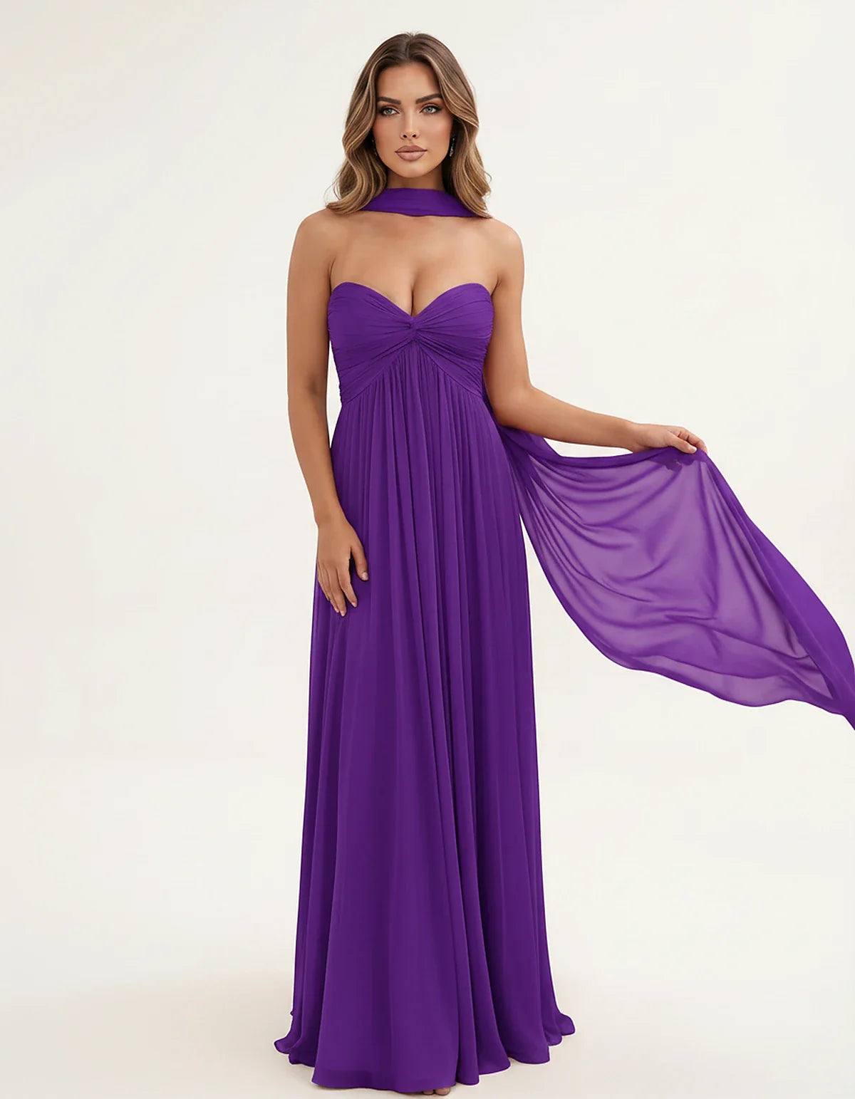 Chiffon Strapless Sweetheart Choker Draped Straight Maxi Dress for Party, Cocktail, Evening, Wedding Guest, Formal Events & S | SKU: CHD-739184620583917-PURPLE-L,CHD-739184620583917-PURPLE-M,CHD-739184620583917-PURPLE-S,CHD-739184620583917-PURPLE-XL,CHD-739184620583917-PURPLE-XS