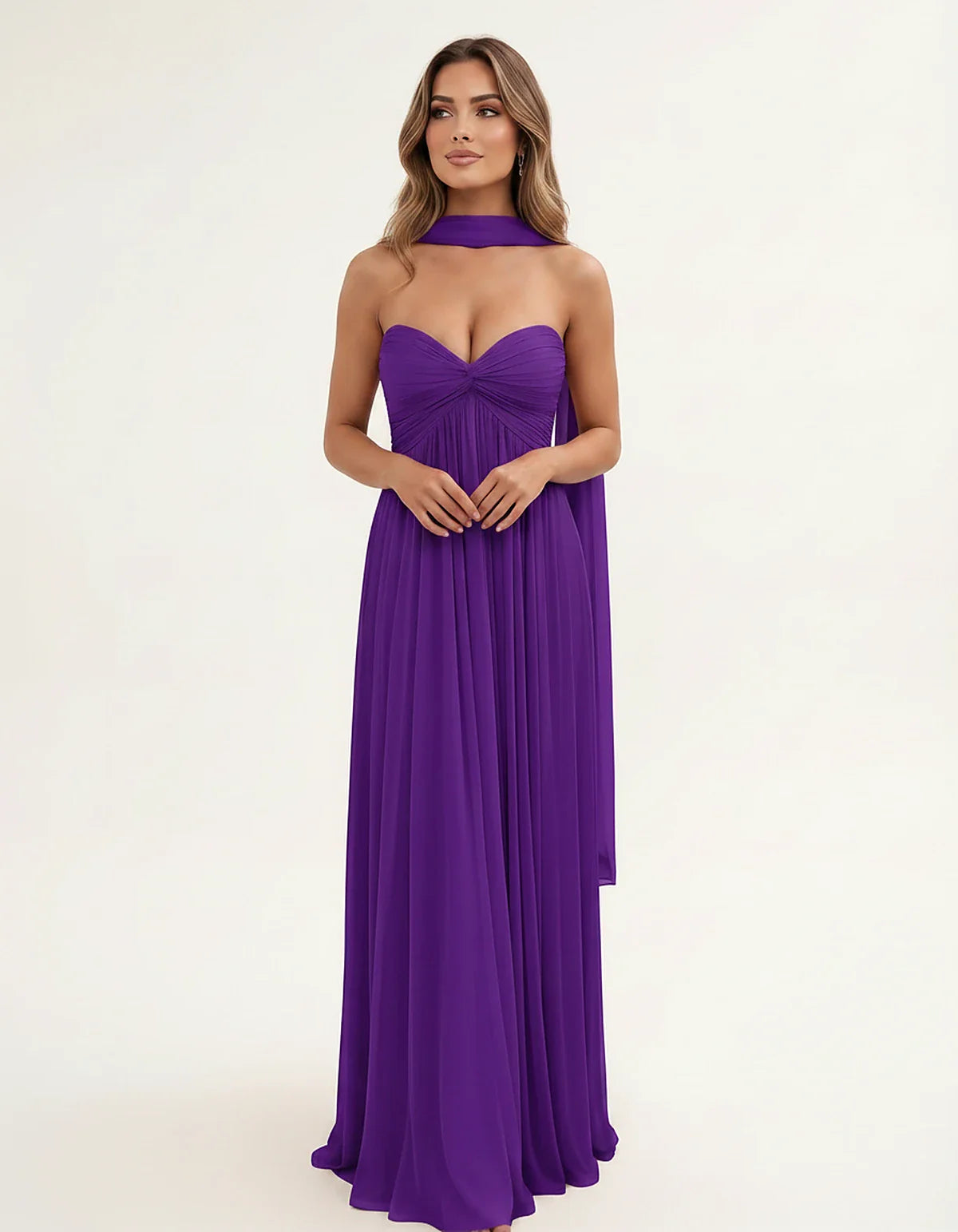 Chiffon Strapless Sweetheart Choker Draped Straight Maxi Dress for Party, Cocktail, Evening, Wedding Guest, Formal Events & S | SKU: CHD-739184620583917-PURPLE-L,CHD-739184620583917-PURPLE-M,CHD-739184620583917-PURPLE-S,CHD-739184620583917-PURPLE-XL,CHD-739184620583917-PURPLE-XS