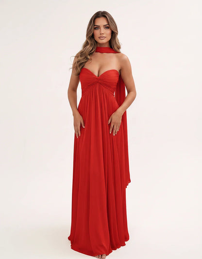 Chiffon Strapless Sweetheart Choker Draped Straight Maxi Dress for Party, Cocktail, Evening, Wedding Guest, Formal Events & S | SKU: CHD-739184620583917-RED-L,CHD-739184620583917-RED-M,CHD-739184620583917-RED-S,CHD-739184620583917-RED-XL,CHD-739184620583917-RED-XS