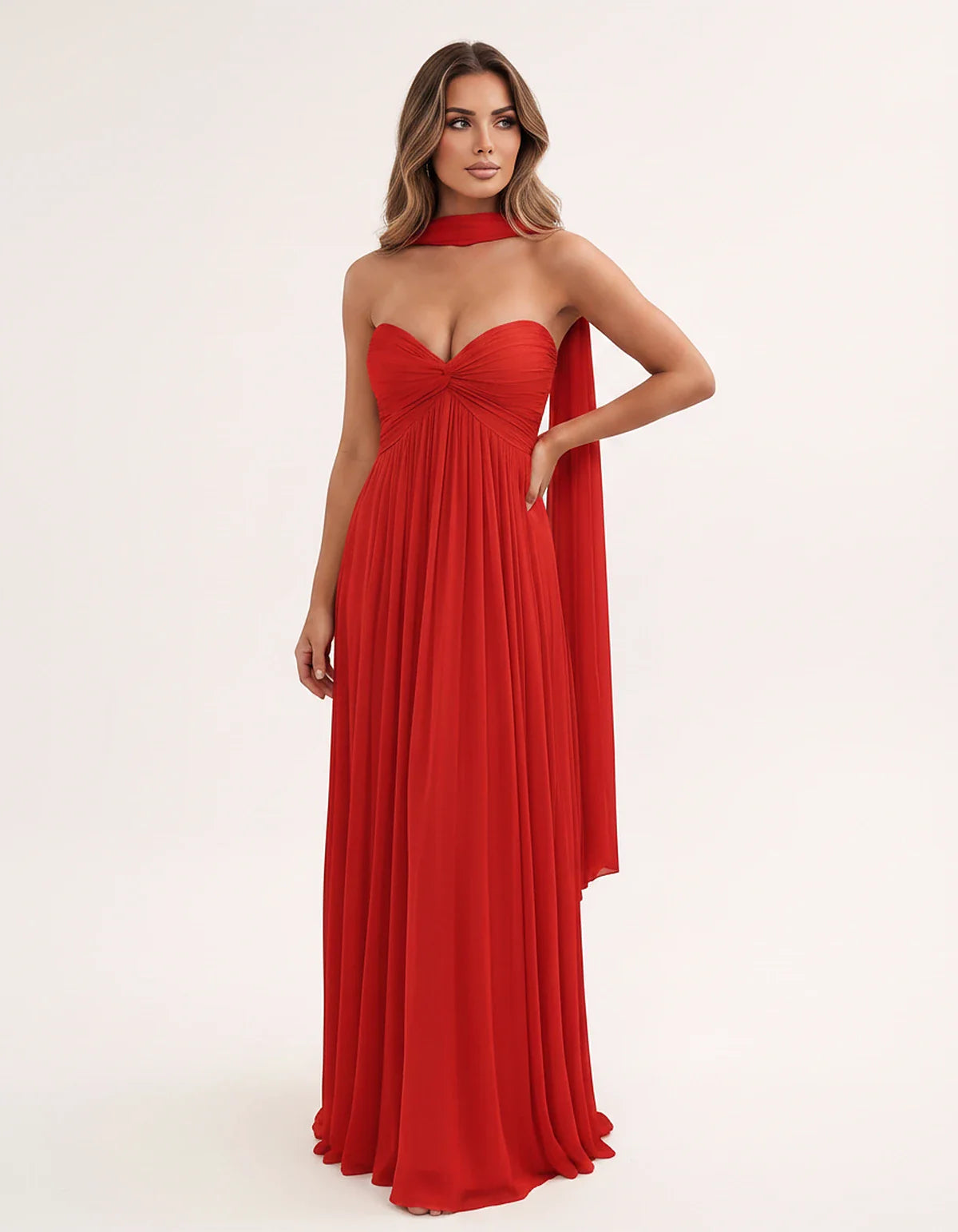 Chiffon Strapless Sweetheart Choker Draped Straight Maxi Dress for Party, Cocktail, Evening, Wedding Guest, Formal Events & S | SKU: CHD-739184620583917-RED-L,CHD-739184620583917-RED-M,CHD-739184620583917-RED-S,CHD-739184620583917-RED-XL,CHD-739184620583917-RED-XS
