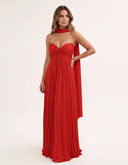 Chiffon Strapless Sweetheart Choker Draped Straight Maxi Dress for Party, Cocktail, Evening, Wedding Guest, Formal Events & S | SKU: CHD-739184620583917-RED-L,CHD-739184620583917-RED-M,CHD-739184620583917-RED-S,CHD-739184620583917-RED-XL,CHD-739184620583917-RED-XS