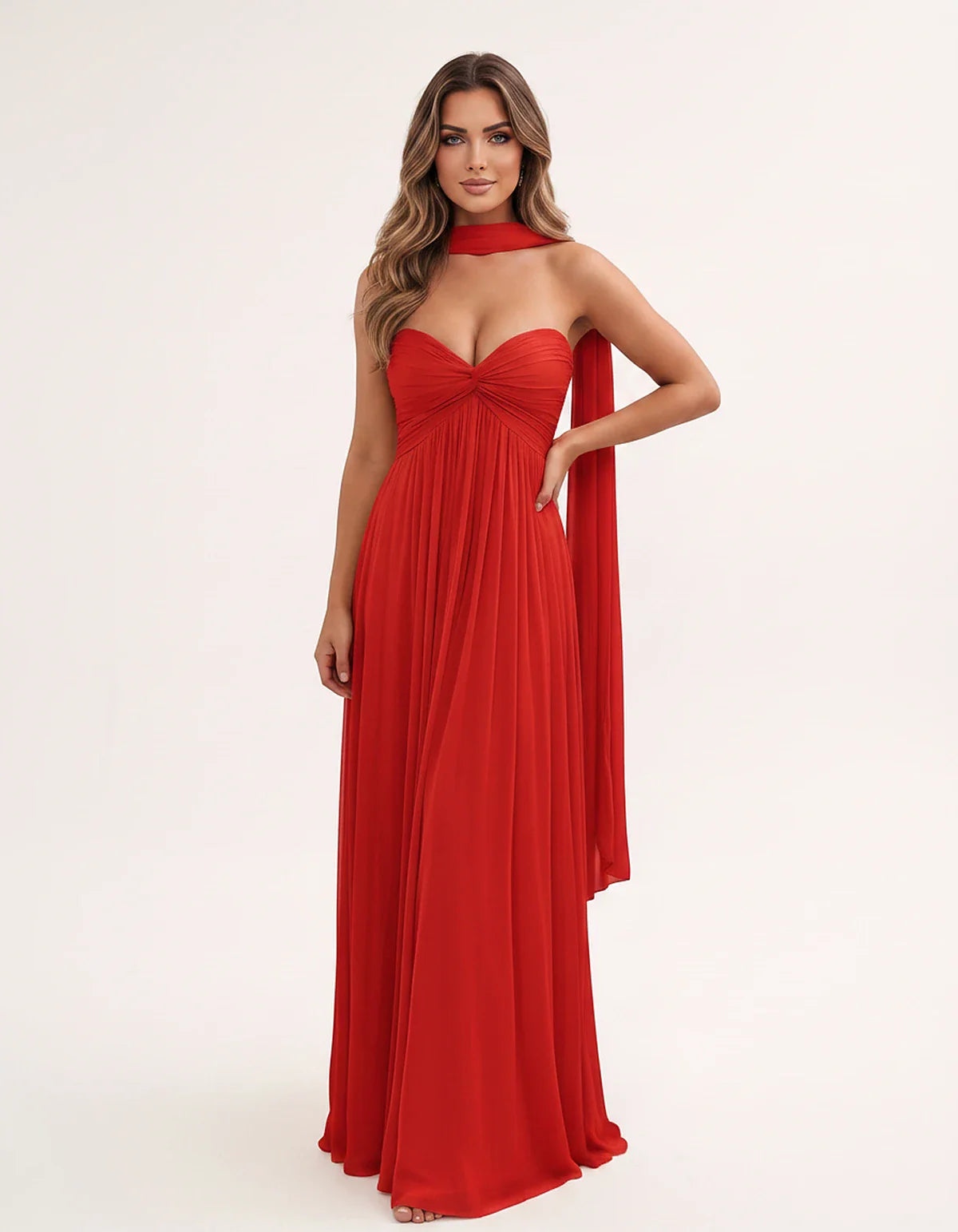 Chiffon Strapless Sweetheart Choker Draped Straight Maxi Dress for Party, Cocktail, Evening, Wedding Guest, Formal Events & S | SKU: CHD-739184620583917-RED-L,CHD-739184620583917-RED-M,CHD-739184620583917-RED-S,CHD-739184620583917-RED-XL,CHD-739184620583917-RED-XS