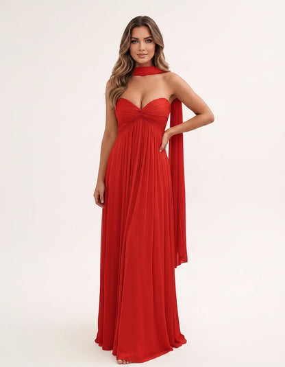 Chiffon Strapless Sweetheart Choker Draped Straight Maxi Dress for Party, Cocktail, Evening, Wedding Guest, Formal Events & S | SKU: CHD-739184620583917-RED-L,CHD-739184620583917-RED-M,CHD-739184620583917-RED-S,CHD-739184620583917-RED-XL,CHD-739184620583917-RED-XS