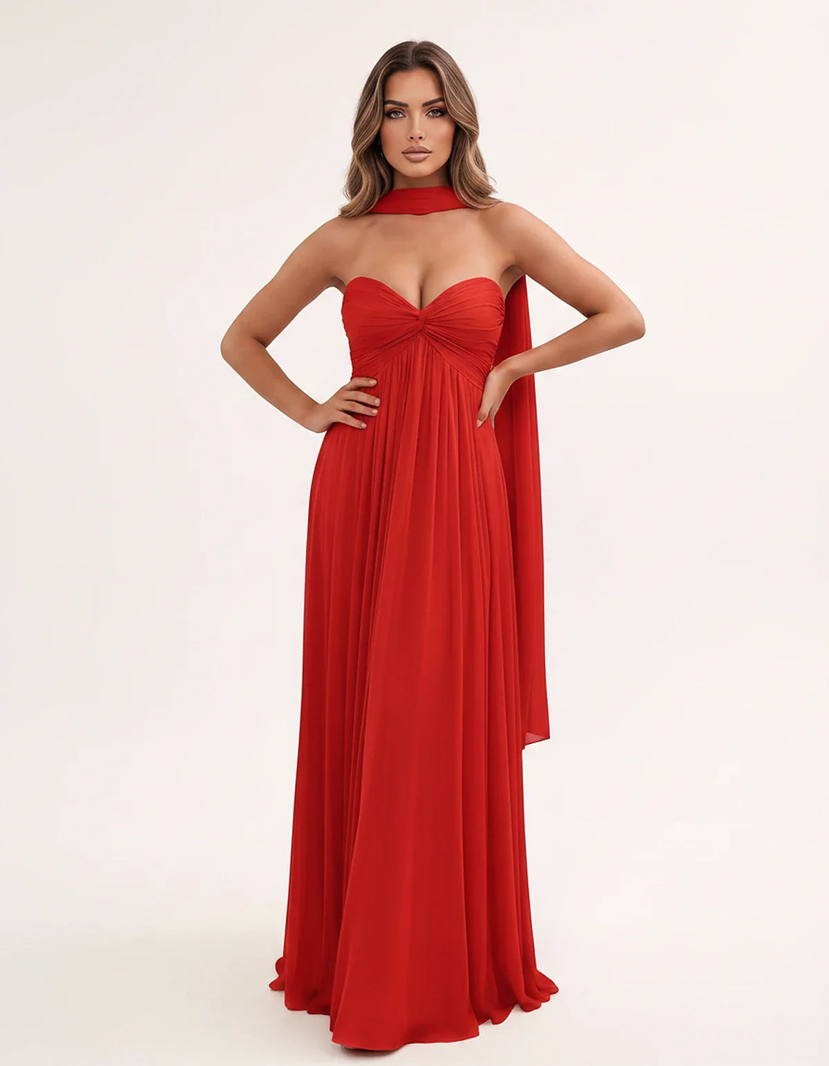 Chiffon Strapless Sweetheart Choker Draped Straight Maxi Dress for Party, Cocktail, Evening, Wedding Guest, Formal Events & S | SKU: CHD-739184620583917-RED-L,CHD-739184620583917-RED-M,CHD-739184620583917-RED-S,CHD-739184620583917-RED-XL,CHD-739184620583917-RED-XS