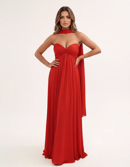 Chiffon Strapless Sweetheart Choker Draped Straight Maxi Dress for Party, Cocktail, Evening, Wedding Guest, Formal Events & S | SKU: CHD-739184620583917-RED-L,CHD-739184620583917-RED-M,CHD-739184620583917-RED-S,CHD-739184620583917-RED-XL,CHD-739184620583917-RED-XS