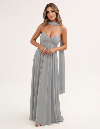 Chiffon Strapless Sweetheart Choker Draped Straight Maxi Dress for Party, Cocktail, Evening, Wedding Guest, Formal Events & S | SKU: CHD-739184620583917-SILVER-L,CHD-739184620583917-SILVER-M,CHD-739184620583917-SILVER-S,CHD-739184620583917-SILVER-XL,CHD-739184620583917-SILVER-XS