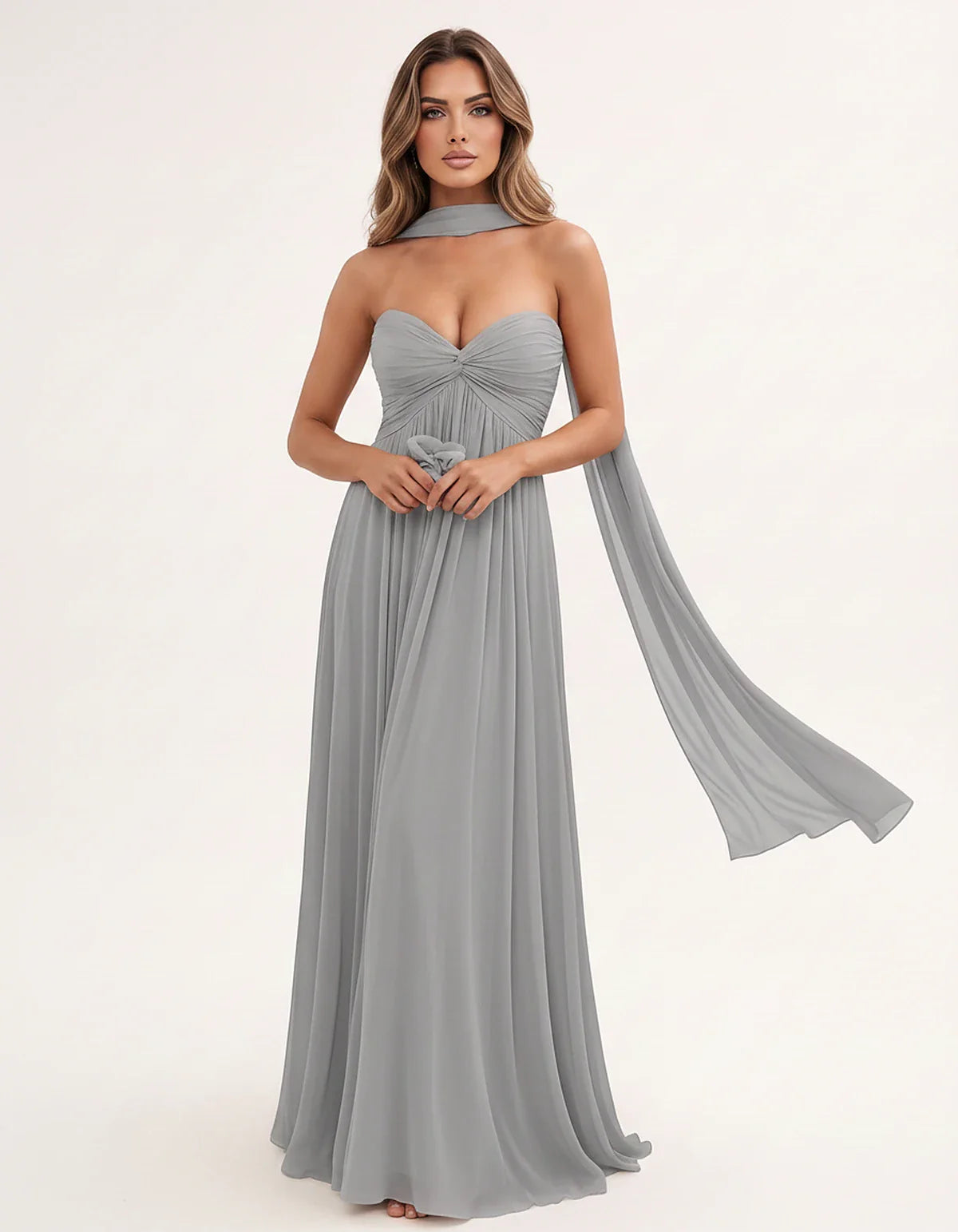 Chiffon Strapless Sweetheart Choker Draped Straight Maxi Dress for Party, Cocktail, Evening, Wedding Guest, Formal Events & S | SKU: CHD-739184620583917-SILVER-L,CHD-739184620583917-SILVER-M,CHD-739184620583917-SILVER-S,CHD-739184620583917-SILVER-XL,CHD-739184620583917-SILVER-XS