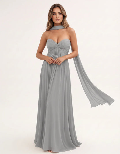 Chiffon Strapless Sweetheart Choker Draped Straight Maxi Dress for Party, Cocktail, Evening, Wedding Guest, Formal Events & S | SKU: CHD-739184620583917-SILVER-L,CHD-739184620583917-SILVER-M,CHD-739184620583917-SILVER-S,CHD-739184620583917-SILVER-XL,CHD-739184620583917-SILVER-XS